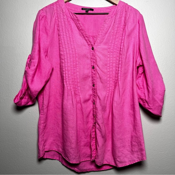 Chaus Sport Women 100% Linen Top XL Hot Pink Button Front Coastal Roll Tab Beach - Picture 1 of 8